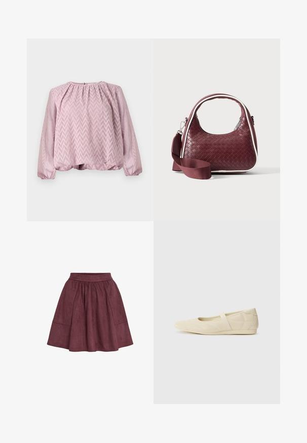 Blusa de manga larga rosa claro con patrón de zigzag, escote recogido, puños elásticos y dobladillo ligeramente acampanado.; Falda de ante burdeos con forma acampanada, cinturilla elástica y dos bolsillos laterales, que presenta una textura suave y un diseño minimalista.; Bailarinas beige con un exterior de cuero liso, punta en forma de almendra y una correa elástica en el empeine, con detalles de costura sutiles.; Bolso de mano de cuero tejido color granate con asa curva, ribete blanco, cremallera plateada y correa desmontable de tela ancha para el hombro sobre fondo liso.
