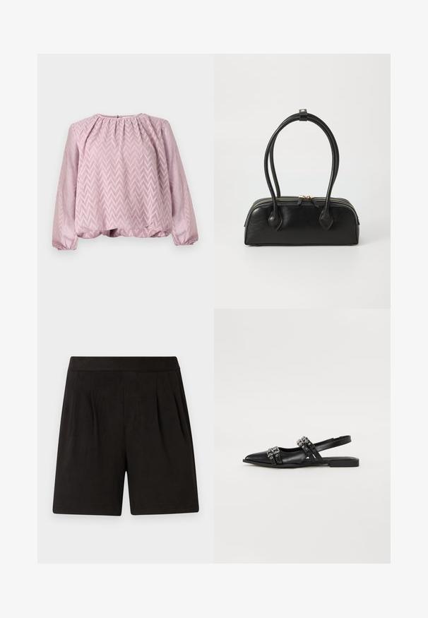 Hellrosa Bluse mit langen Ärmeln, Zickzackmuster, gerafftem Kragen, elastischen Bündchen und leicht gerafftem Saum.; Schwarze Shorts aus weichem Stoff mit einer glatten Textur, elastischem Bund und gefaltetem Vorderdesign. Einfach und schmucklos.; Even&Odd by Zalando Sling-Ballerina - black; Schwarze Lederhandtasche mit zwei verlängerten Griffen, Reißverschluss und runder Form; glatte Textur mit subtiler glänzender Oberfläche.
