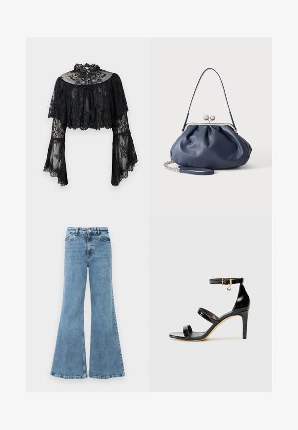 Blouse courte en dentelle noire avec manches longues évasées, col montant à volants et motif floral sur tissu transparent.; Jean en denim bleu évasé avec une taille haute. Comprend cinq poches, un tissu léger et un délavage vieilli avec une texture lisse.; Sandale en cuir verni noir avec trois brides, boucle de cheville et talon aiguille de 10 cm. Présente un détail en métal doré et un charm logo.; Sac à main en cuir bleu marine doux avec fermeture à boucle argentée, une seule bandoulière, et une chaîne de poignet amovible sur fond blanc.