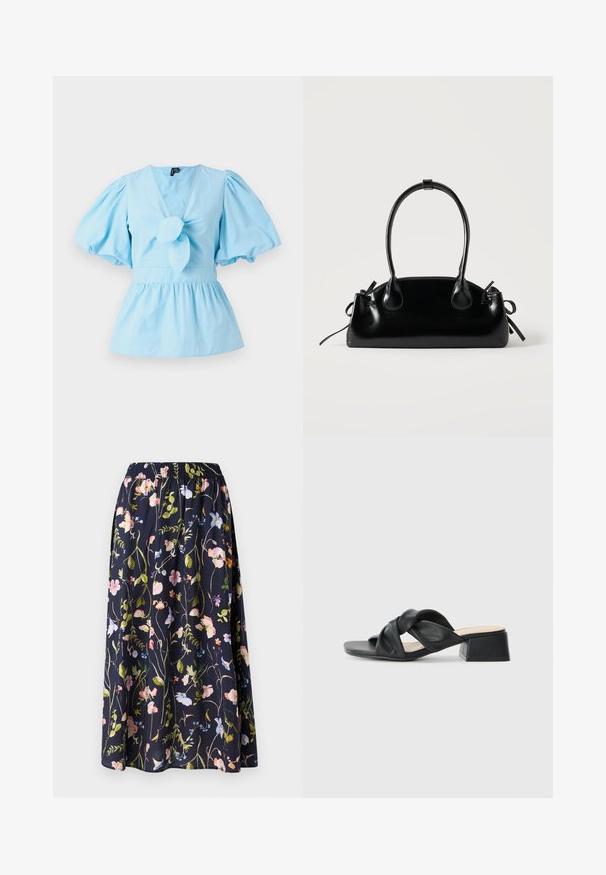 Lyseblå top med pufærmer, V-hals, knyttet forreste detalje og en tætsiddende talje, der udvider sig til en peplum-kant. Fremstillet af bomuldsstof.; Marineblomstret nederdel med elastisk talje, der har et print af lyserøde, blå og grønne blomster på et struktureret stof.; Sort lædersandal med et snoet overdesign, kvadratisk tå og en lav blokhæl, der har en glat tekstur og minimalistisk stil.; Lille sort blank håndtaske med to lange håndtag og snøre-detaljer i siden på en ensfarvet lys baggrund.