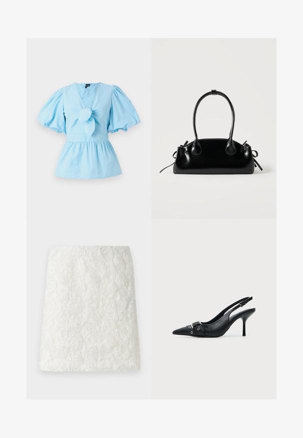 Haut bleu clair à manches bouffantes avec un décolleté en V, détail noué sur le devant et une taille ajustée qui s'élargit en un ourlet peplum. Tissu en coton.; Jupe mini blanche avec une surface texturée ornée de motifs floraux en relief ressemblant à des roses, fabriquée en tissu léger.; Escarpin slingback à talon haut en cuir noir avec bout pointu, boucle et détail de bride œillet à l'avant.; Petit sac à main noir brillant avec deux longues anses et des détails à cordon sur les côtés sur un fond clair uni.