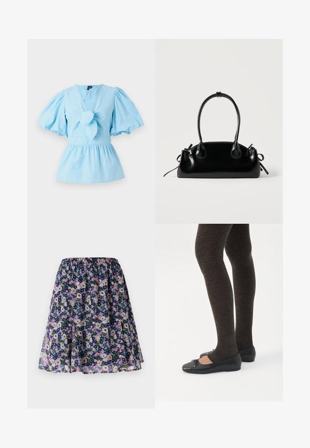 Lyseblå top med pufærmer, V-hals, knyttet forreste detalje og en tætsiddende talje, der udvider sig til en peplum-kant. Fremstillet af bomuldsstof.; Blomsterkjole med elastisk talje. Har en mørk navy baggrund med pink, hvide og grønne blomstermønstre. Let og svalende stof.; Ben iført mørke ribbede leggings kombineret med sorte balletsko med små sløjfedetaljer på hvid baggrund.; Lille sort blank håndtaske med to lange håndtag og snøre-detaljer i siden på en ensfarvet lys baggrund.