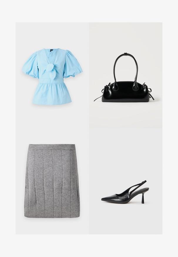 Haut bleu clair à manches bouffantes avec un décolleté en V, détail noué sur le devant et une taille ajustée qui s'élargit en un ourlet peplum. Tissu en coton.; Object OBJTHESS - Minijupe - medium grey; Chaussure à talon haut en cuir noir, à bride arrière, avec un bout pointu et un talon fin sur fond blanc.; Petit sac à main noir brillant avec deux longues anses et des détails à cordon sur les côtés sur un fond clair uni.