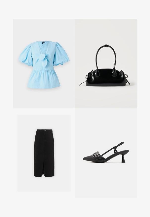 Lichtblauw top met pofmouwen, een V-hals, een geknoopte voorkant en een getailleerde taille die uitloopt in een peplumzoom. Katoenen stof.; Zwarte denim midi-rok, met een split aan de voorkant, een klassieke vijf-pocket ontwerp en een zilveren knoopsluiting in de taille.; Simmi London DALA - Klassieke pumps - black; Kleine zwarte glanzende handtas met twee lange hengsels en zijkant trekkoord details op een effen lichte achtergrond.
