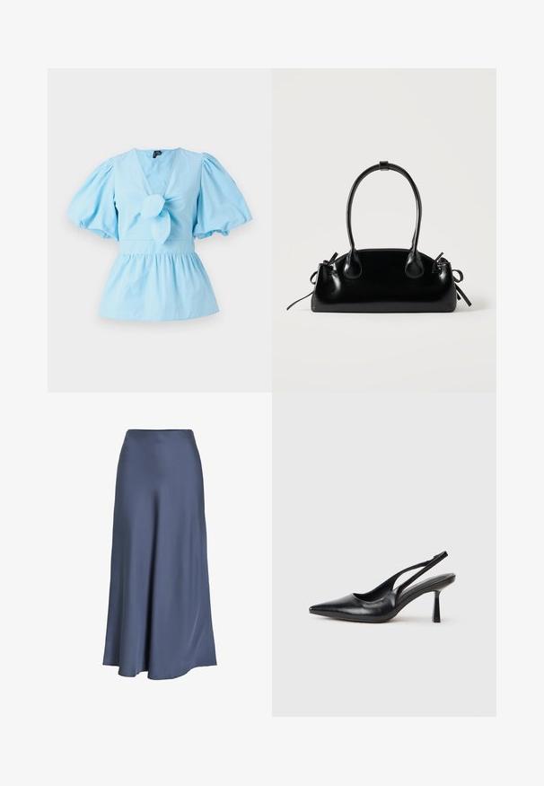 Haut bleu clair à manches bouffantes avec un décolleté en V, détail noué sur le devant et une taille ajustée qui s'élargit en un ourlet peplum. Tissu en coton.; Jupe A-line en satin bleu profond. Texture lisse, longueur au sol, avec une taille ajustée et un ourlet évasé. Pas de motifs ni de matériel visible.; Chaussure à talon haut en cuir noir, à bride arrière, avec un bout pointu et un talon fin sur fond blanc.; Petit sac à main noir brillant avec deux longues anses et des détails à cordon sur les côtés sur un fond clair uni.