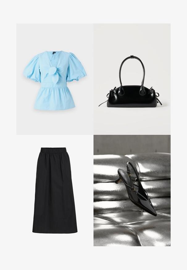 Hele sinise puffy varrukatega pluus V-kaelusega, sõlmitud eesmine detail ja sobiv talje, mis laieneb peplum alläärde. Puuvillane kangas.; Must mustefaldi, põlveliige seelik, mis on valmistatud pehmest ja kergest kangast. Omab elastset vöökohta ja lihtsat, voolavat disaini ilma kaunistusteta.; Mustast lakknahast terava varbakujuga slingback kinga väikese kontsaga, mis toetub läikivale metallik-hõbedasele tuftitud pinnale.; Väike must läikiv käekott kahe pika sangaga ja külgedel paelakinnitustega, ühel lihtsal helel taustal.