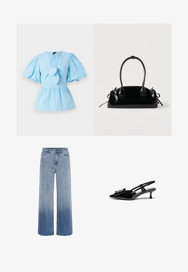 Lichtblauw top met pofmouwen, een V-hals, een geknoopte voorkant en een getailleerde taille die uitloopt in een peplumzoom. Katoenen stof.; Hoge taille blauwe denim jeans met wijde pijpen en een gradient vervaging van lichtblauw naar donkerblauw aan de onderkant.; Zwarte gepatineerde lederen slingback hakken met een puntige neus, een strikdetail aan de voorkant en een kleine stilettohak. De bandjes hebben verstelbare gespen.; Kleine zwarte glanzende handtas met twee lange hengsels en zijkant trekkoord details op een effen lichte achtergrond.