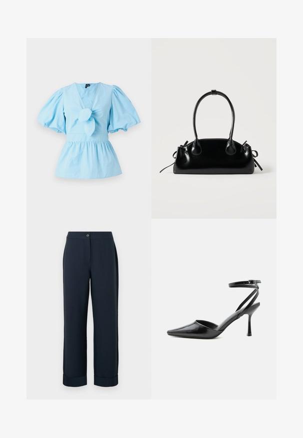 Haut bleu clair à manches bouffantes avec un décolleté en V, détail noué sur le devant et une taille ajustée qui s'élargit en un ourlet peplum. Tissu en coton.; Pantalons ajustés bleu marine à coupe droite, dotés d'une fermeture à bouton et de ourlets retroussés, fabriqués dans un tissu lisse et léger.; Escarpin noir à bout pointu avec fines brides de cheville et fermeture à boucle argentée sur fond clair uni.; Petit sac à main noir brillant avec deux longues anses et des détails à cordon sur les côtés sur un fond clair uni.
