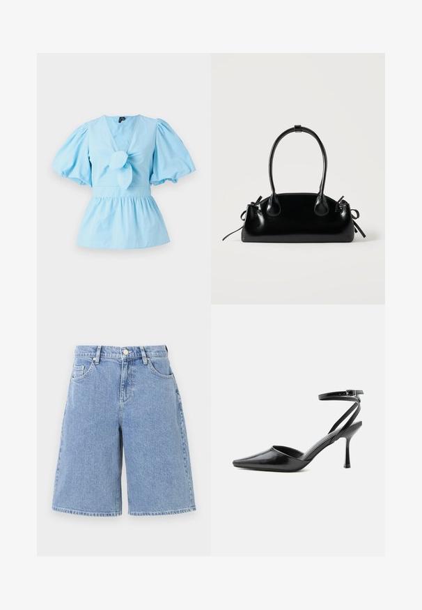 Lyseblå top med pufærmer, V-hals, knyttet forreste detalje og en tætsiddende talje, der udvider sig til en peplum-kant. Fremstillet af bomuldsstof.; Lysblå denimshorts med en løs pasform, høj talje, frontlommer og dobbelt-syet kant. Glat tekstur med et klassisk design.; Sort spids højhælet sko med tynde ankelremme og sølvspænde på en ensfarvet lys baggrund.; Lille sort blank håndtaske med to lange håndtag og snøre-detaljer i siden på en ensfarvet lys baggrund.