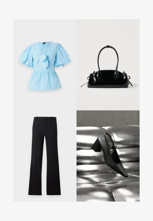 Top de manga abullonada azul claro con escote en V, detalle de nudo en la parte delantera y una cintura ajustada que se abre en un dobladillo de peplum. Tela de algodón.; Pantalones de campana negros con una textura suave, que presentan una cintura ajustada, lazos para cinturón y un diseño limpio que se extiende hasta un dobladillo amplio.; Tacón destalonado negro con punta en forma de pico, con superficie texturizada y tacón ancho y grueso. Colocado sobre un fondo metálico brillante.; Pequeño bolso negro brillante con dos asas largas y detalles de cordón lateral sobre un fondo claro liso.