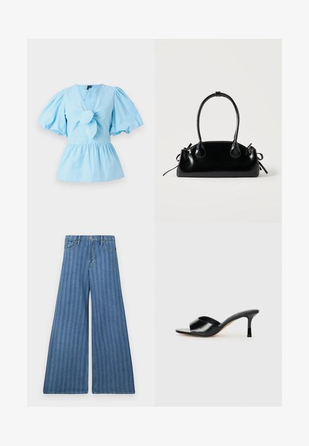 Hele sinise puffy varrukatega pluus V-kaelusega, sõlmitud eesmine detail ja sobiv talje, mis laieneb peplum alläärde. Puuvillane kangas.; Keskmise sinise denimi laiad püksid, millel on vertikaalsed triibud, nupuga sulgemine, viis taskut ja õmblustega detailid õmbluste ääres.; Must mustast kõrge kontsaga mulli nahast, avatud varbakujundusega ja laia, kaarduva ülemise rihmaga. Sile tekstuur ja sujuv siluett.; Väike must läikiv käekott kahe pika sangaga ja külgedel paelakinnitustega, ühel lihtsal helel taustal.