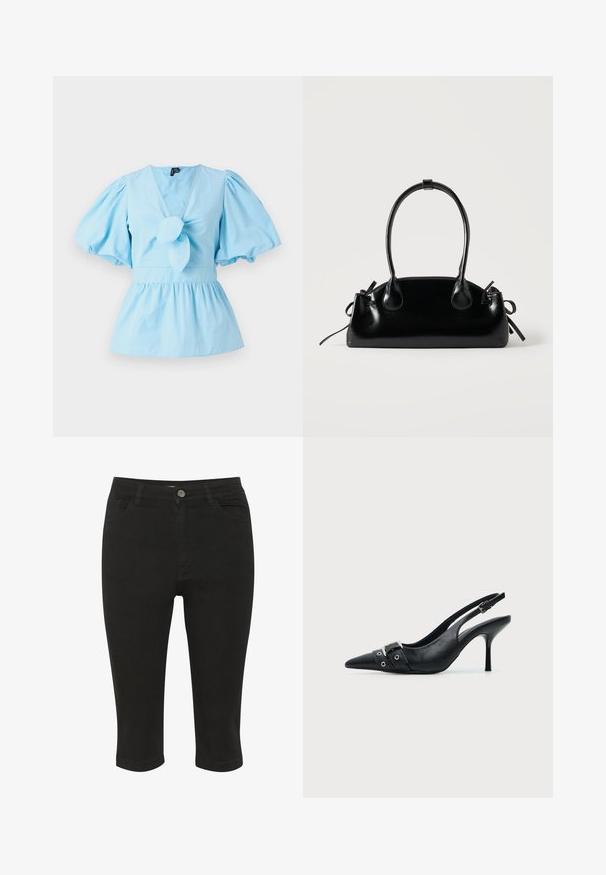 Lyseblå top med pufærmer, V-hals, knyttet forreste detalje og en tætsiddende talje, der udvider sig til en peplum-kant. Fremstillet af bomuldsstof.; Sorte denim capri bukser med tætsiddende design, frontlommer og en enkelt knaplukning, der har en glat tekstur og ankel længde.; Sort læder højhælet sko med spidst tåparti, slingback og rem med spænde og nitter foran.; Lille sort blank håndtaske med to lange håndtag og snøre-detaljer i siden på en ensfarvet lys baggrund.