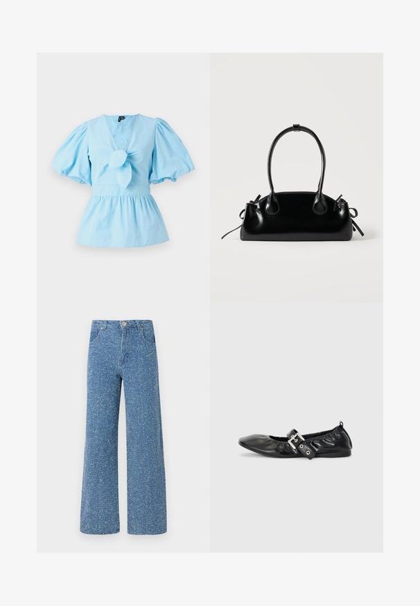 Helles blaues Oberteil mit Puffärmeln, V-Ausschnitt, geknotetem Vorderteil und einer taillierten Passform, die in einen Peplum-Saum übergeht. Baumwollstoff.; Blaue Denim-Breitbeinerjeans mit einer gesprenkelten Textur, ausgestattet mit einem Knopfverschluss vorne, Gürtelschlaufen und zwei Vorder-Taschen.; Schwarze Leder-Ballerinas mit spitzem Zehenbereich, gerafften Details am Schaft und einem silbernen Schnallenakzent am verstellbaren Riemen.; Kleine schwarze glänzende Handtasche mit zwei langen Griffen und seitlichen Kordelzug-Details vor einfachem hellem Hintergrund.