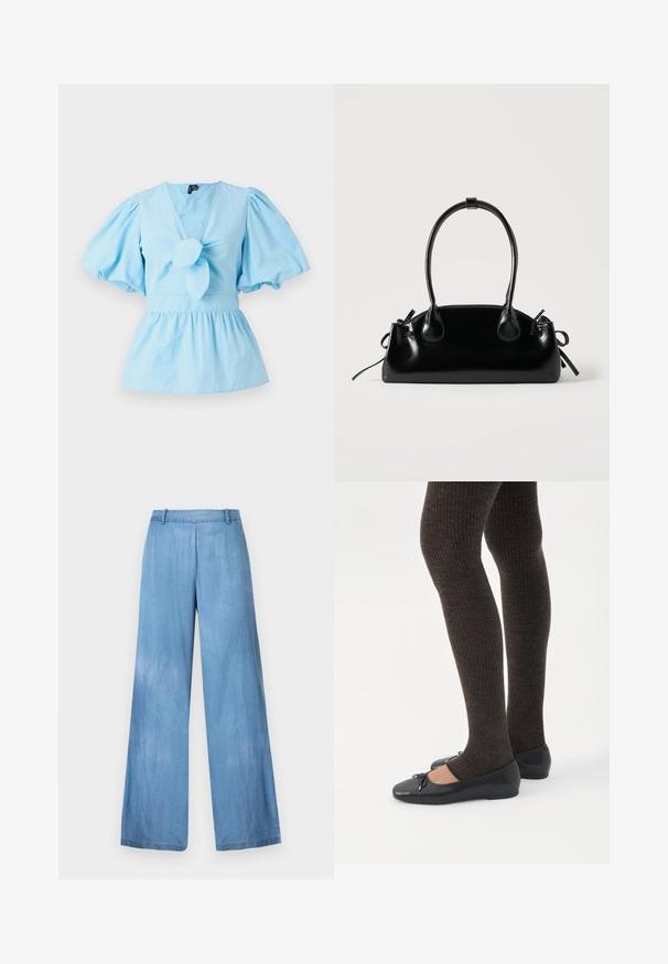 Hele sinise puffy varrukatega pluus V-kaelusega, sõlmitud eesmine detail ja sobiv talje, mis laieneb peplum alläärde. Puuvillane kangas.; Heledad sinine laiad teksad, mis on valmistatud denimist, kõrge vöökohaga, kerge fade'iga ja puhta äärisega ilma kaunistuste või taskuteta.; Jalad seljas tumedad soonelises soonelises kombines mustade baleriinadega, millel on väikesed paelade detailid valgel taustal.; Väike must läikiv käekott kahe pika sangaga ja külgedel paelakinnitustega, ühel lihtsal helel taustal.