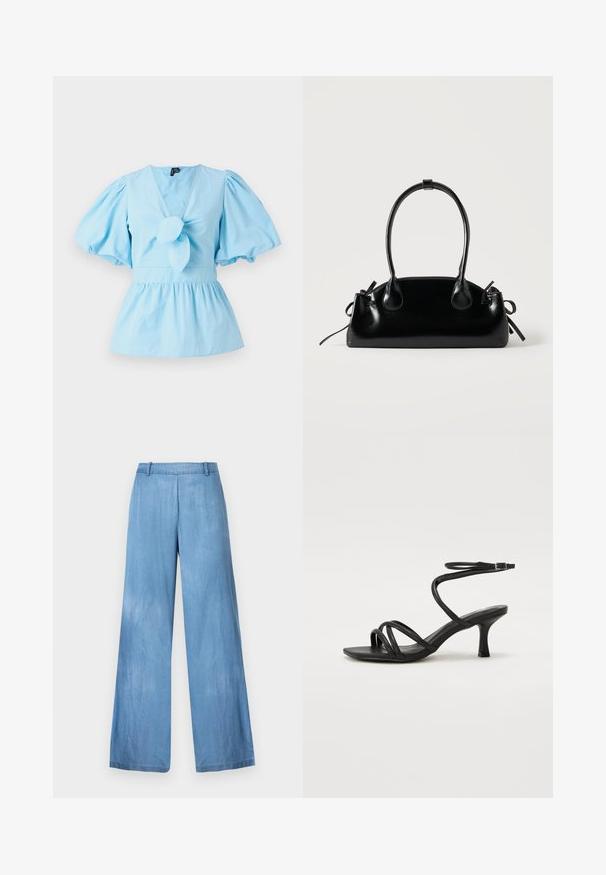 Top de manga abullonada azul claro con escote en V, detalle de nudo en la parte delantera y una cintura ajustada que se abre en un dobladillo de peplum. Tela de algodón.; Vaqueros de pierna ancha de color azul claro, hechos de mezclilla, con una cintura alta, un ligero desvanecimiento y un dobladillo limpio sin adornos ni bolsillos.; Even&Odd Wide Fit by Zalando Sandalias - black; Pequeño bolso negro brillante con dos asas largas y detalles de cordón lateral sobre un fondo claro liso.