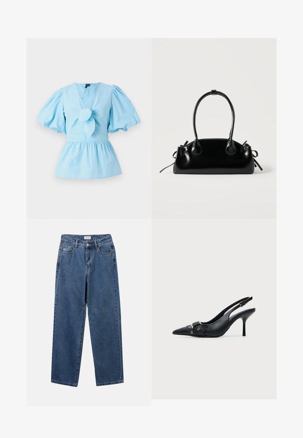 Lichtblauw top met pofmouwen, een V-hals, een geknoopte voorkant en een getailleerde taille die uitloopt in een peplumzoom. Katoenen stof.; Klassieke blauwe denim jeans met een rechte pijp, vijf zakken en een knoopsluiting. Heeft een middelgrote wasbeurt en stevige textuur.; Zwarte leren pumps met hoge hak en slingback, met een puntige neus en een gesp- en oogjesriem detail aan de voorkant.; Kleine zwarte glanzende handtas met twee lange hengsels en zijkant trekkoord details op een effen lichte achtergrond.