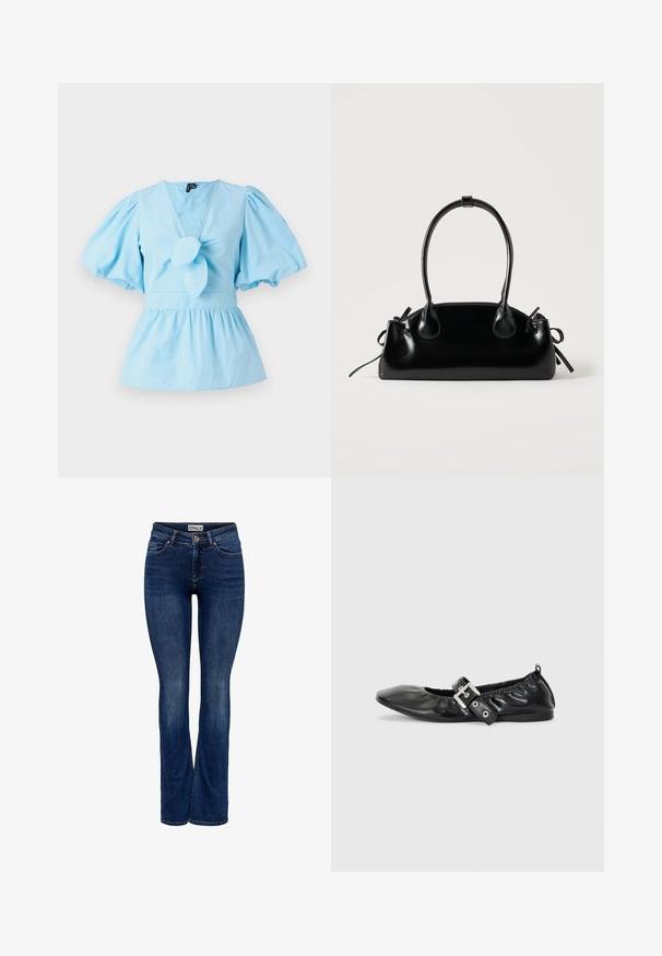 Helles blaues Oberteil mit Puffärmeln, V-Ausschnitt, geknotetem Vorderteil und einer taillierten Passform, die in einen Peplum-Saum übergeht. Baumwollstoff.; Dunkelblaue Jeans aus Denim mit leichter Verblendung, Fünf-Taschen-Design, Knopfverschluss und Bootcut-Beinstil, mit dem Etikett "ONLY" am Bund.; Schwarze Leder-Ballerinas mit spitzem Zehenbereich, gerafften Details am Schaft und einem silbernen Schnallenakzent am verstellbaren Riemen.; Kleine schwarze glänzende Handtasche mit zwei langen Griffen und seitlichen Kordelzug-Details vor einfachem hellem Hintergrund.