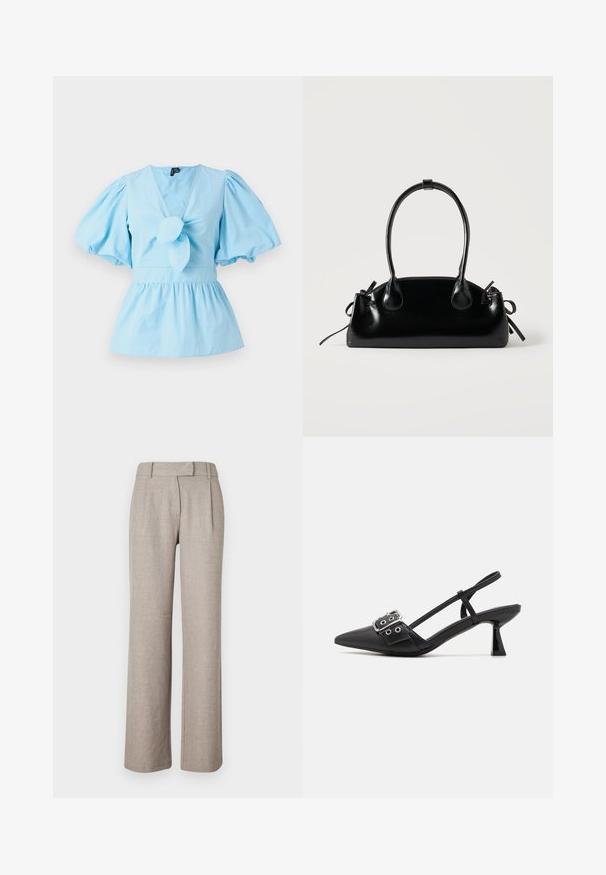 Top de manga abullonada azul claro con escote en V, detalle de nudo en la parte delantera y una cintura ajustada que se abre en un dobladillo de peplum. Tela de algodón.; Pantalones beige a medida de una tela texturizada, con un diseño de pierna recta y plisados en la parte delantera. Sin hardware ni patrones visibles.; Simmi London DALA - Tacones - black; Pequeño bolso negro brillante con dos asas largas y detalles de cordón lateral sobre un fondo claro liso.