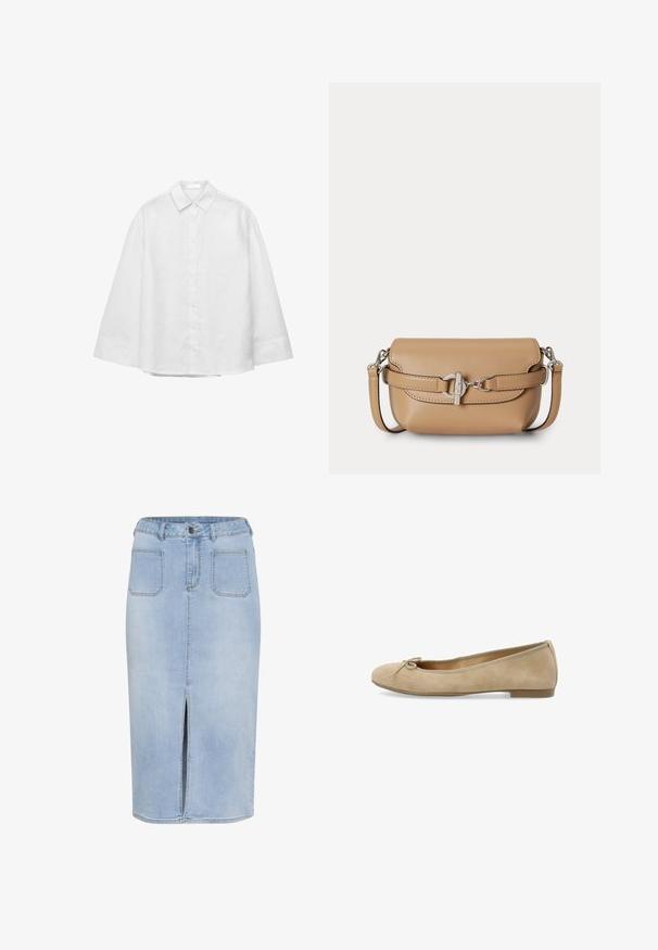 Weißes, langärmliges Hemd mit Knöpfen, breiten Manschetten und klassischem spitzem Kragen, flach auf einem weißen Hintergrund ausgelegt.; Hellblaue Denim-Midirock mit einem hohen Schlitz, fünf Taschen und einer figurbetonten Taille mit Gürtelschlaufen und Knopfverschluss.; Beige Wildleder Ballettschuh mit einer runden Zehenpartie und einer Schleifendekoration auf der Vorderseite. Minimalistisches Design mit einem schmalen, flachen Absatz und weicher Textur.; Kleine hellbraune Leder-Crossbodytasche mit silberner Schnalle und abnehmbarem verstellbarem Riemen auf weißem Hintergrund.