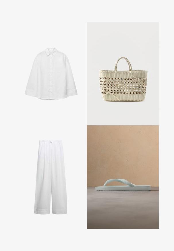 Wit overhemd met lange mouwen en knopen, voorzien van brede manchetten en een klassieke puntkraag, plat weergegeven op een witte achtergrond.; Loszittende witte linnen broek met wijde pijpen en een elastische tailleband met trekkoord.; Enkele lichtbeige rubberen teenslipper met een getextureerd voetbed en Y-vormige band op een effen grijze achtergrond.; Geweven beige boodschappentas met openingsvormig midden en meerdere gestrikte strikken, voorzien van korte, gevlochten handvatten.