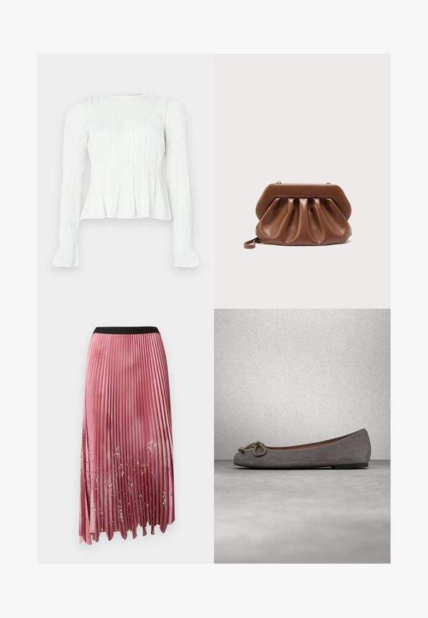 Witte blouse met lange mouwen, gedetailleerd met geplooide stof, een gerimpeld lijfje en uitlopende manchetten op een effen achtergrond.; Plissé midi-rok in roze satijn met kleurverloop, voorzien van een zwarte elastische tailleband en bloemen uitsnijdingen near de zoom. Glad oppervlak.; Grijze suède ballerina's met een ronde neus, een geknoopt touwaccent en een subtiele contrasterende rand langs de rand. Platte, flexibele zool.; Bruin leren clutch met geplooid ontwerp en gestructureerd bovenframe, voorzien van een klein polsbandje en gouden sluitingsdetails.