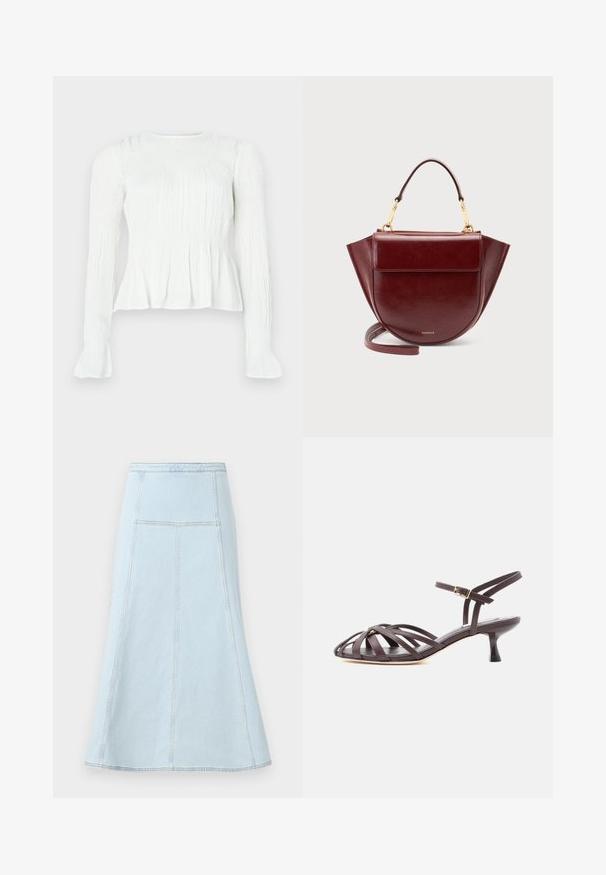 Hvid bluse med lange ærmer, detaljeret med rynket stof, smocket liv og udvidede manchetter på en ensfarvet baggrund.; Lyseblå denim A-line nederdel med høj talje, der har lodrette syninger og en bredere kant for ekstra bevægelse.; Mørkebrun læder sandal med smalle remme, kitten heel og justerbar ankelrem med spænde på hvid baggrund.; Mørkerød lædertaske med topgreb, guldfarvet hardware, klaplomme foran og lang rem, sat mod en ensartet lys baggrund.