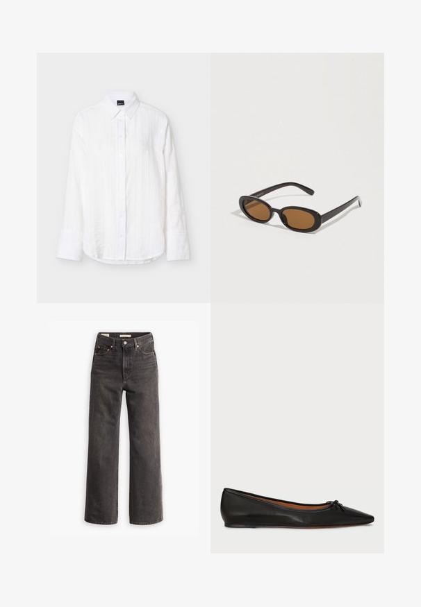 Camisa blanca de manga larga con botones, rayas verticales sutiles, cuello clásico y puños anchos, presentada sobre un fondo liso y claro.; Jeans de tiro alto y pierna ancha en denim gris oscuro, con bolsillos frontales, remaches de cobre en contraste y un acabado limpio sin adornos.; Bailarina de cuero negro con punta afilada, silueta delgada y un pequeño lazo en la parte frontal. Textura lisa y diseño minimalista.; Gafas de sol con lentes ovaladas marrones, montura de plástico negro y varillas delgadas. Textura suave con un diseño minimalista.
