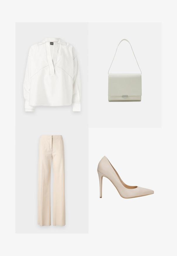 Witte blouse met een kraag, geplooide voorzijde en contrasterende zwarte stiksels. Heeft lange mouwen en een ontspannen pasvorm.; Beige broek met rechte, brede pijpen, gladde textuur, op maat gemaakt ontwerp en een verborgen sluiting aan de voorkant. Geen zichtbare zakken of versieringen.; Beige leren pumps met hoge hak, een spitse neus, een gladde textuur en een slanke stilettohak. Minimalistisch ontwerp zonder extra versieringen.; Calvin Klein ARCHIVE SHOULDER BAG SHINY - Handtas - ecru