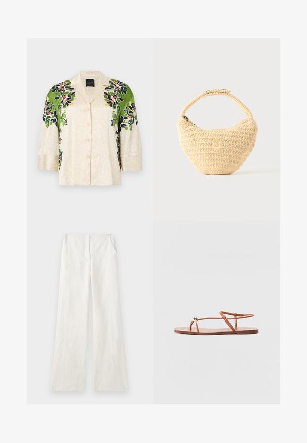 Cremefarbenes Hemd mit Knopfleiste und Kragen, mit grünen, schwarzen, roten und gelben Blumenmustern auf Schultern und Ärmeln.; Weite Leinenhose in Off-White, mit glatter Textur, vorderen Falten und Seitentaschen. Einfaches, schmuckloses Design.; Loeffler Randall LARA STRAPPY - Zehentrenner - timber; Beige gewebte Handtasche mit rundem Körper, Reißverschluss und kurzem, dickem Riemen in einfachem, strukturiertem Häkelstil.