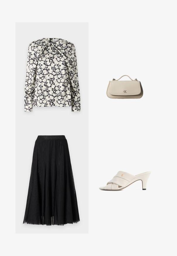 Sort blomsterbluse med crèmefarvede blomster, lange ærmer, plisseringer ved skuldrene og lige nederste kant. Blød stofstruktur.; Sort maxi-skirt med et struktureret, flydende design. Har en bred, glitrende talje og et lagdelt, gennemsigtigt stof for en yndefuld fremtoning.; Beige højhælede mules med et snoet læderstropdesign, åben tå og præget logoaccent. Hælen har en sort spidsdetalje.; Lille beige læderhåndtaske med top håndtag og sølv CK-logo på frontklap, vist mod en hvid baggrund.