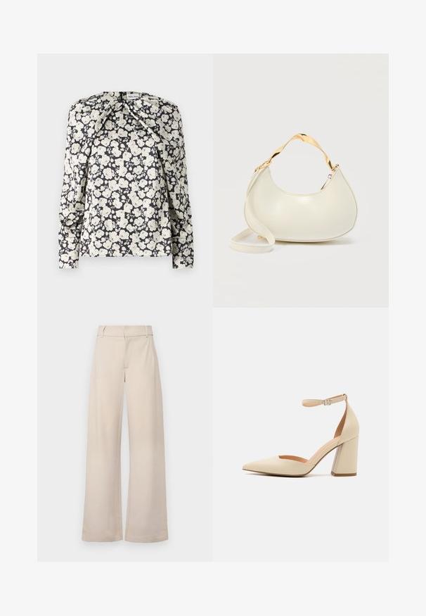 Sort blomsterbluse med crèmefarvede blomster, lange ærmer, plisseringer ved skuldrene og lige nederste kant. Blød stofstruktur.; JDY JDYGEGGO LIFE OCCASION PANT JRS NOOS - Bukser - chateau gray; Beige patentlæder højhælede pumps med spids tå, ankelrem og kraftig hæl. Glat tekstur med minimale syninger.; Kremfarvet håndtaske i halvmåneform med skinnende guld kort hank og matchende lang rem på en ensfarvet lys baggrund.