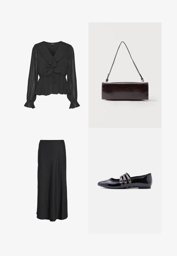 Vero Moda VMDORA - Bluse - black; Sort maxinederdel lavet af glat, letvægtsstof. Har en enkel A-formet silhuet med en let udvidet kant og ingen synlige lukninger.; Sorte laklæderballerinaer med spids snude, der har tre dekorative remme med metalspænder. Glat finish og lav hæl.; Rektangulær sort læderhåndtaske med en enkelt lang rem og blank finish, vist mod en ensfarvet hvid baggrund.