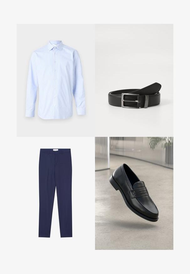 Chemise à rayures bleu clair et blanche à manches longues avec un col classique, fermeture à boutons à l'avant et poignets, fabriquée en tissu lisse.; Pantalons de costume navy en tissu lisse, dotés d'un devant plat, de deux poches latérales, d'une fermeture éclair et d'un ourlet net sans motifs ni accents.; Mocassin en cuir noir à texture lisse, bout pointu et bande décorative sur le cou-de-pied. Semelle légère, design minimaliste.; Ceinture en cuir noir avec une boucle en métal argenté, présentant une finition lisse et un design classique. La ceinture est soigneusement pliée.