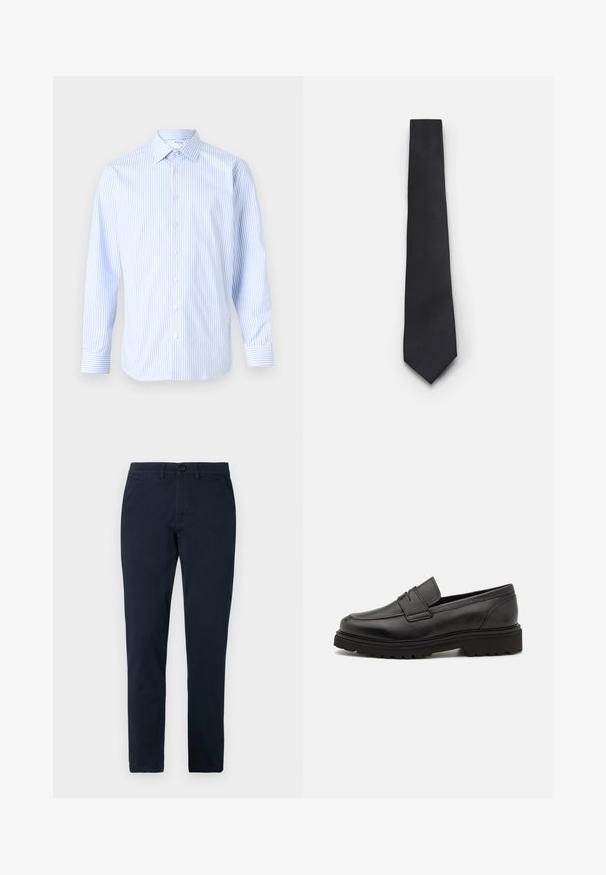 Chemise à rayures bleu clair et blanche à manches longues avec un col classique, fermeture à boutons à l'avant et poignets, fabriquée en tissu lisse.; Pantalon noir slim fit pour homme avec fermeture avant par bouton et zip, passants de ceinture et poches latérales.; Mocassin en cuir noir avec un bout rond, des détails cousus, et une semelle épaisse et texturée. Présente un design élégant et minimaliste.; Cravate noire étroite avec un motif en diagonale texturé et côtelé. Présente une pointe et une finition lisse. Convient aux tenues formelles.