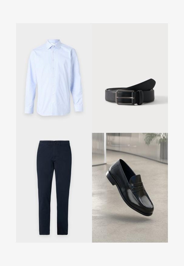 Himmelblau und weiß gestreiftes langärmliges Hemd mit klassischem Kragen, Knopfverschluss vorne und Manschetten, aus einem glatten Stoff gefertigt.; Herren Slim-Fit schwarze Hose mit vorderem Knopf- und Reißverschluss, Gürtelschlaufen und Seitentaschen.; Schwarze Leder-Loafer mit glatter Oberfläche, abgerundeter Spitze, dekorativen Nähten und leicht erhöhtem Absatz.; Schwarzer Ledergürtel, zusammengerollt mit rechteckiger silberner Metallschnalle auf schlicht hellem Hintergrund.