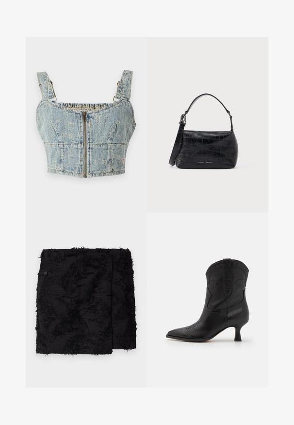 Denim crop-top, jonka vaaleansininen pesu, varustettu vetoketjusuljennolla, rypytetty takapuoli ja leveät hihnat. Yksityiskohtiin kuuluu ompelu ja lievää kulutusta.; Musta hame, jossa on teksturoitu kangas ja risareunat. Nelikulmainen muoto, polven ylle ulottuva pituus ja sivunappiyksityiskohta.; Mustat nahkasaappaat, joissa on terävä kärki, matala korko ja koristeellista ompelua varren ja kärjen alueella. Pintakuvio on sileä.; Musta krokotiilikuvioitu nahkainen olkalaukku, jossa yläkahva ja logopainatus edessä.
