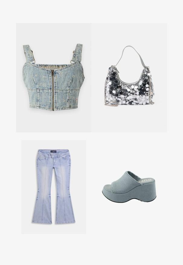 Denim crop top med en lyseblå vask, har lynlås lukning, smocket ryg og brede stropper. Detaljer omfatter syninger og let slid.; Lyseblå flare jeans med lommer foran og bagpå, dobbelt knaplukning og synlige sømme hele vejen rundt.; Lyseblå platform slide sandal med fransede tekstiloverdel, åben tå design, tyk, rund sål og tekstureret grå ydersål.; Sølvglitrende håndtaske med rund form, blød håndtag og sølvfarvet kædestrop. Har en lynlåslukning og reflekterende detaljer.