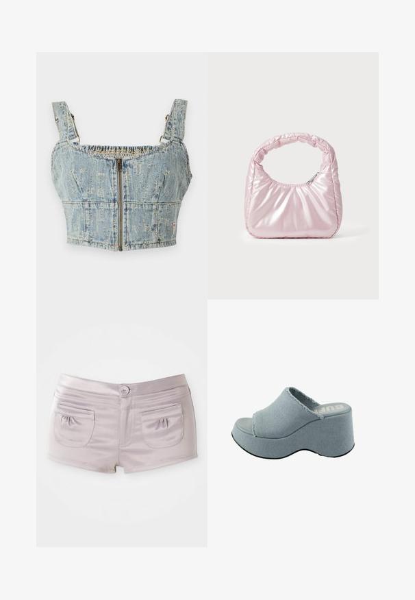 Top corto de mezclilla con un lavado azul claro, presenta cierre de cremallera, espalda fruncida y tirantes anchos. Los detalles incluyen costuras y un ligero desgastado.; Pantalones cortos de color púrpura claro hechos de una tela suave y brillante, con dos bolsillos traseros y un cierre frontal de botón con cinturilla plana.; Chancla de plataforma de color azul claro con parte superior de tela deshilachada, diseño de punta abierta, suela gruesa y redondeada, y suela gris texturizada.; Bolso de mano acolchado en color rosa con un diseño redondeado, fabricado en material brillante. Presenta un asa fruncida y un cierre de cremallera para un acceso seguro.