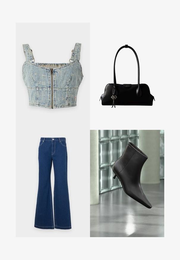 Denim-Crop-Top mit einem hellblauen Waschung, verfügt über einen Reißverschluss, eine geraffte Rückseite und breite Träger. Details sind die Nähte und leichte Used-Optik.; Dunkelblaue Schlagjeans aus Denim. Merkmale sind Gürtelschlaufen, Fronttaschen und kontrastierende Nähte. Weite Beinausschnitte.; Schwarzer Leder-Knöchelstiefel mit spitzer Spitze und kleinem Absatz vor einer Wand aus Glasbausteinen und einem polierten Boden.; Schwarze Lederhandtasche von Calvin Klein mit langen Henkeln, einem vorderen Logo-Tag und einem silbernen geometrischen Anhänger, der an einem Henkel hängt.