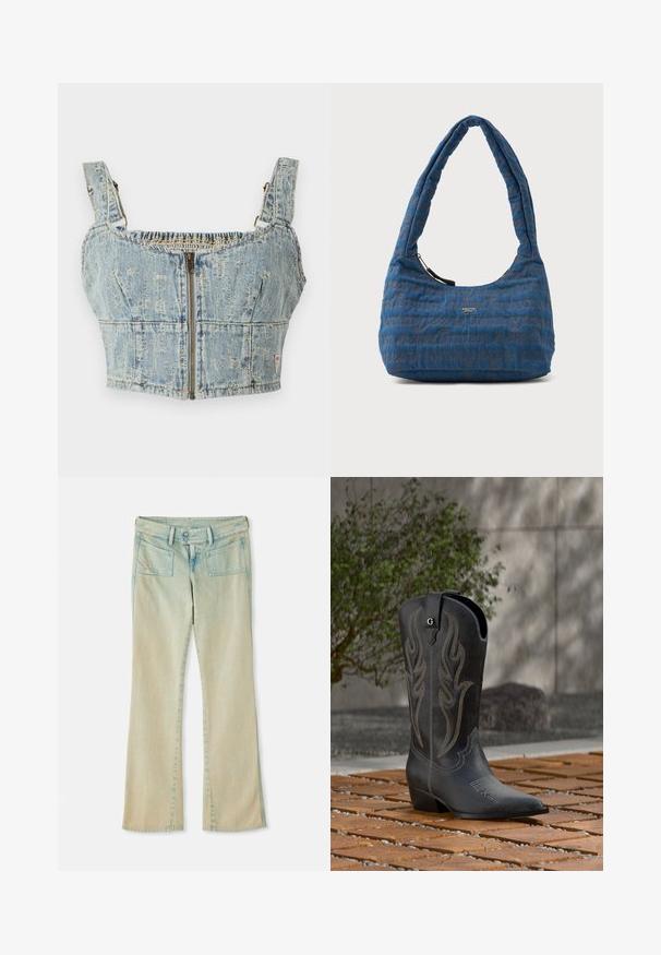 Top court en denim avec un délavage bleu clair, doté d'une fermeture éclair, d'un dos smocké et de larges bretelles. Les détails incluent des coutures et une légère usure.; Jean flare en denim bleu clair avec une finition délavée, présentant des passants de ceinture, deux poches avant et deux poches arrière avec des accents de couture.; Botte de cowboy noire avec des coutures décoratives, un bout pointu et un talon, posée sur des dalles en bois avec un buisson vert et un mur en béton en arrière-plan.; Sac à épaule en tissu bleu avec un design matelassé texturé et un texte logo brun subtil. Doté d'une poignée incurvée et d'une fermeture éclair.