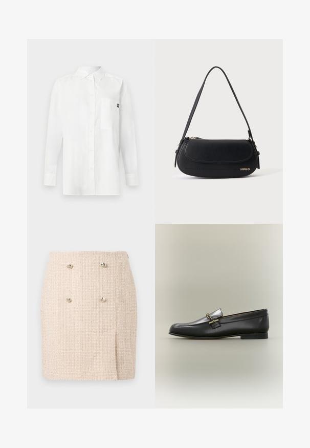 Witte langemouwenshirt gemaakt van een katoenmix, met een button-down kraag, een borstzak en een klein zwart logo op de borst.; Beige textured rok met een geweven patroon, voorzien van twee opvallende zilveren knopen aan de voorkant en een licht asymmetrische zoom.; Zwarte leren loafer met zilveren bovenkant, gouden kettingdetail, lage hak en afgeronde neus op een neutrale achtergrond.; Zwarte leren schoudertas met gebogen klep, gouden "HUGO" logo aan de voorkant en een enkele verstelbare riem.
