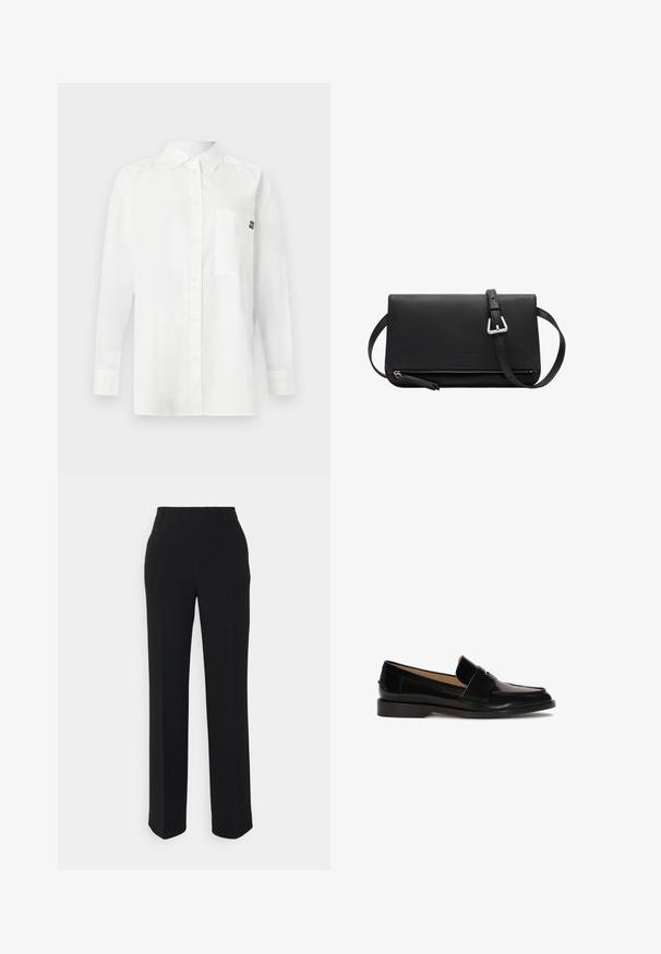 Weißes Langarmhemd aus Baumwollmischgewebe mit einem Button-Down-Kragen, einer Brusttasche und einem kleinen schwarzen Logo auf der Brust.; Schwarze, gerade geschnittene Hosen mit glatter Textur. Verfügt über einen Bund und keine sichtbaren Muster oder Akzente. Klassisches und maßgeschneidertes Design.; Schwarze Lederhalbschuhe mit glatter Oberfläche, abgerundeter Zehenpartie und einem dekorativen Riemen über der Vorderseite. Design mit niedrigem Blockabsatz.; Schwarze Leder-Umhängetasche mit vorderer Reißverschlusstasche und verstellbarem Riemen mit silberner Schnalle, einfacher und rechteckiger Form.