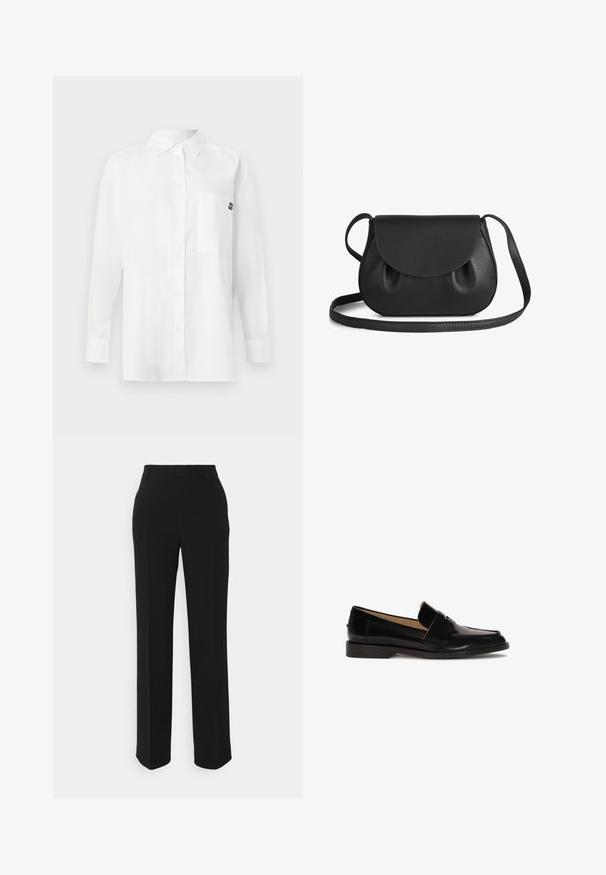 Chemise blanche à manches longues en tissu mélangé coton, dotée d'un col à boutons, d'une poche avant et d'un petit logo noir sur la poitrine.; Pantalons noirs à jambes droites avec une texture lisse. Dotés d'une taille et sans motifs ou accents visibles. Design classique et ajusté.; Mocassins en cuir noir avec une finition lisse, à bout rond, et une sangle décorative sur le devant. Design à faible talon carré.; Sac en cuir noir en bandoulière avec une forme arrondie, présentant une fermeture à rabat et des accents doux et froncés. Bandoulière réglable pour plus de commodité.