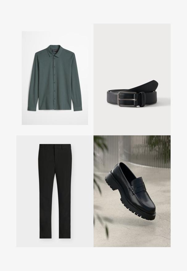 Camisa de hombre de manga larga con botones en un tono gris azulado apagado, con cuello clásico y un sutil logo bordado en el pecho.; Pantalones de vestir ajustados negros con trabillas para cinturón, cremallera frontal y parte delantera plana, mostrados sobre un fondo gris claro.; Mocasines de cuero negro con suela gruesa, que presentan una correa decorativa y detalles de costura. Textura suave con un acabado pulido.; Cinturón de cuero negro enrollado con hebilla rectangular de metal plateado sobre un fondo claro y sencillo.