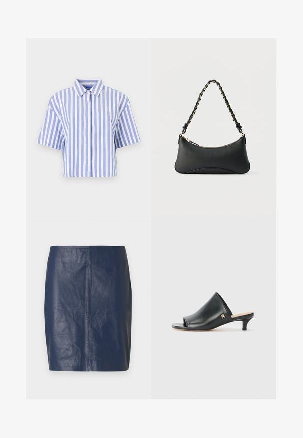 Korte mouw shirt in lichtblauw en witte verticale strepen, met knoopsluiting aan de voorkant, klassieke kraag, zachte textuur.; Minirok van navyblauw leer met een gladde textuur, rechte snit en minimale stikdetails aan de zijkanten.; Zwarte leren open teen muiltjes met een lage hak. Heeft een glad oppervlak en een gouden logo accent aan de zijkant.; Zwarte lederen schoudertas met een gebogen rechthoekige vorm, gouden ketting verweven in een gevlochten zwarte band, en een ritssluiting bovenop.