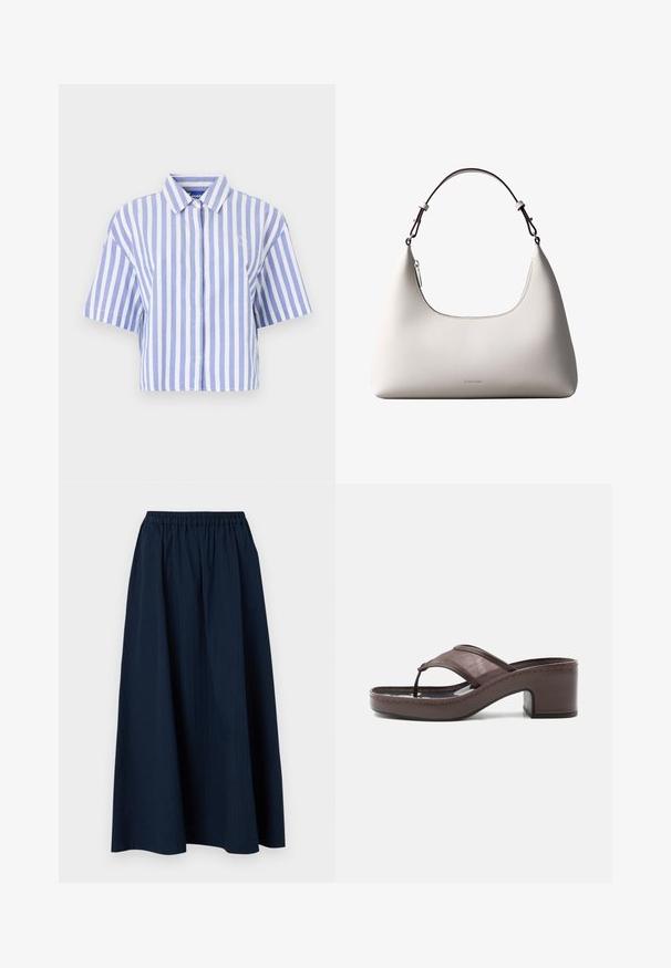 Chemise à manches courtes coupée, rayée verticalement en bleu clair et blanc, avec devant boutonné, col classique, tissu doux et texturé.; Jupe longue bleu marine en tissu texturé, avec une taille élastique et de subtils rayures verticales.; Sandale marron à talon avec lanière en mesh et design en tige, dotée d'un talon bloc et d'une semelle cousue, présentée de profil sur fond blanc.; Sac à bandoulière en cuir couleur crème de Calvin Klein avec bord supérieur incurvé, fermeture éclair argentée et sangle ajustable brun foncé.