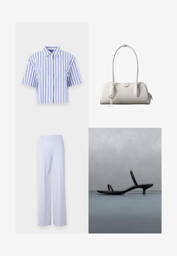 Chemise à manches courtes coupée, rayée verticalement en bleu clair et blanc, avec devant boutonné, col classique, tissu doux et texturé.; Pantalons larges bleu clair en tissu doux, dotés d'une taille haute et de plis avant pour plus de structure.; Sandale à talon Calvin Klein noire avec des lanières fines, posée sur des carreaux en bois en plein air près d'un mur et de la verdure.; Sac à bandoulière blanc Calvin Klein avec longues poignées, forme rectangulaire, fermeture éclair et charm logo décoratif suspendu près de la poignée.