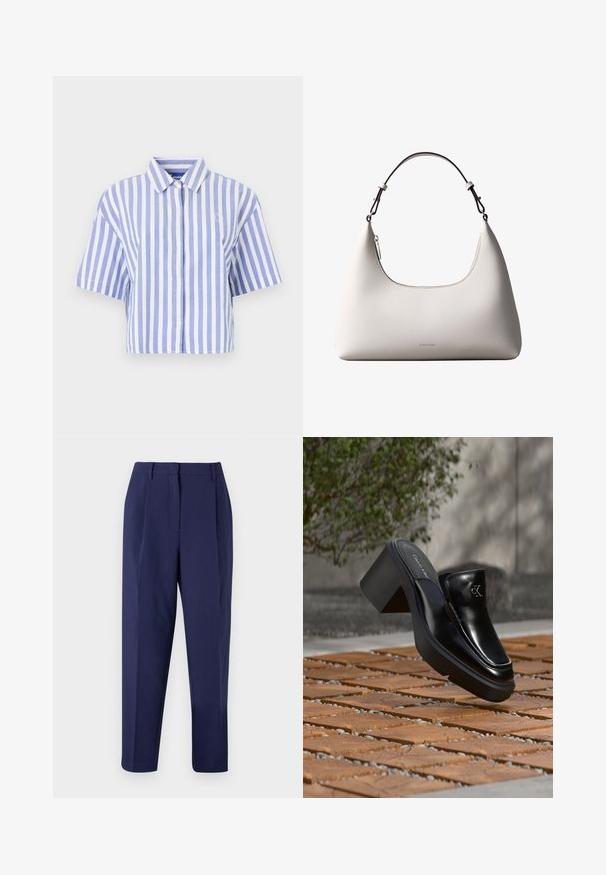 Chemise à manches courtes coupée, rayée verticalement en bleu clair et blanc, avec devant boutonné, col classique, tissu doux et texturé.; Pantalon marine au design ajusté. Doté de plis avant, d'une texture lisse et d'une coupe droite. Pas de poches visibles ni d'ornements.; Mule slip-on en cuir noir Calvin Klein avec talon bloc reposant sur des carreaux en bois à l'extérieur près d'une plante verte et d'un mur gris.; Sac à bandoulière en cuir couleur crème de Calvin Klein avec bord supérieur incurvé, fermeture éclair argentée et sangle ajustable brun foncé.