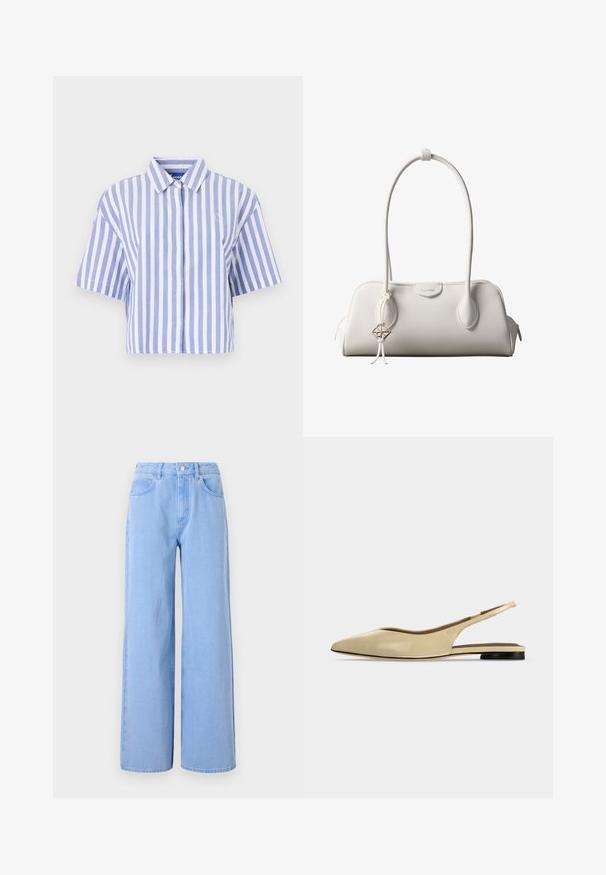 Korte mouw shirt in lichtblauw en witte verticale strepen, met knoopsluiting aan de voorkant, klassieke kraag, zachte textuur.; Lichtblauwe wijde denim jeans. Heeft een aangesloten taille met riemlussen en voorzakken, stiksel details en een schone zoom.; Beige platte slingback schoen met puntige neus, lage zwarte hak en een glad leren afwerking, zijaanzicht op een effen achtergrond.; Witte Calvin Klein schoudertas met lange hengsels, rechthoekige vorm, ritssluiting en decoratieve logohanger bij het hengsel.