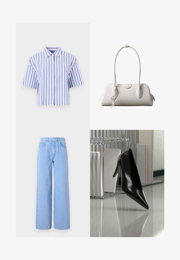 Chemise à manches courtes coupée, rayée verticalement en bleu clair et blanc, avec devant boutonné, col classique, tissu doux et texturé.; Jeans larges bleu clair en denim. Dotés d'une taille ajustée avec passants de ceinture et poches avant, de détails de couture et d'un ourlet propre.; Chaussure noire à talon haut avec bout pointu et logo doré, posée sur une surface réfléchissante près d'un organiseur de dossiers en fil chromé contenant des documents.; Sac à bandoulière blanc Calvin Klein avec longues poignées, forme rectangulaire, fermeture éclair et charm logo décoratif suspendu près de la poignée.